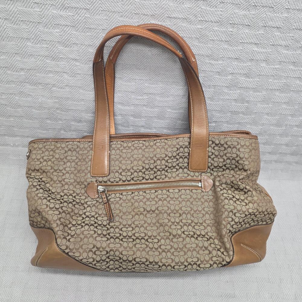 Coach Tote Womens Large Brown Signature Canvas Leather Grommet Luggage Tag